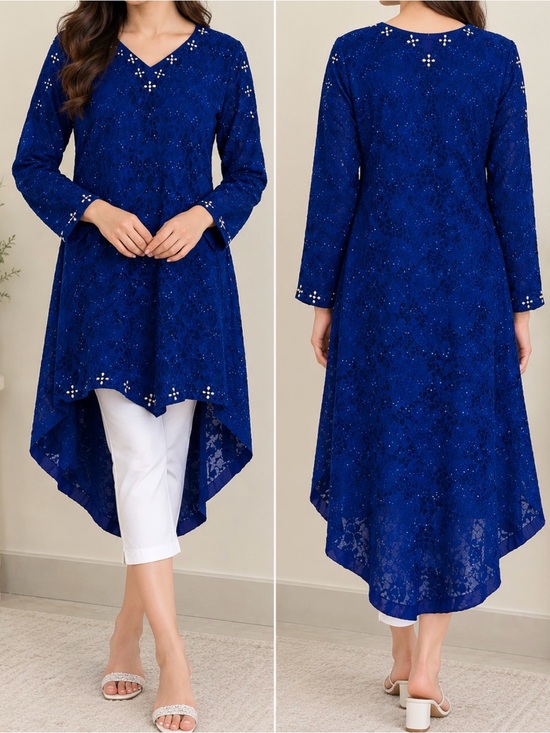 Other - Kurta royal Blue velvet  tunic top pearl silver embellishments. Size S pre owned